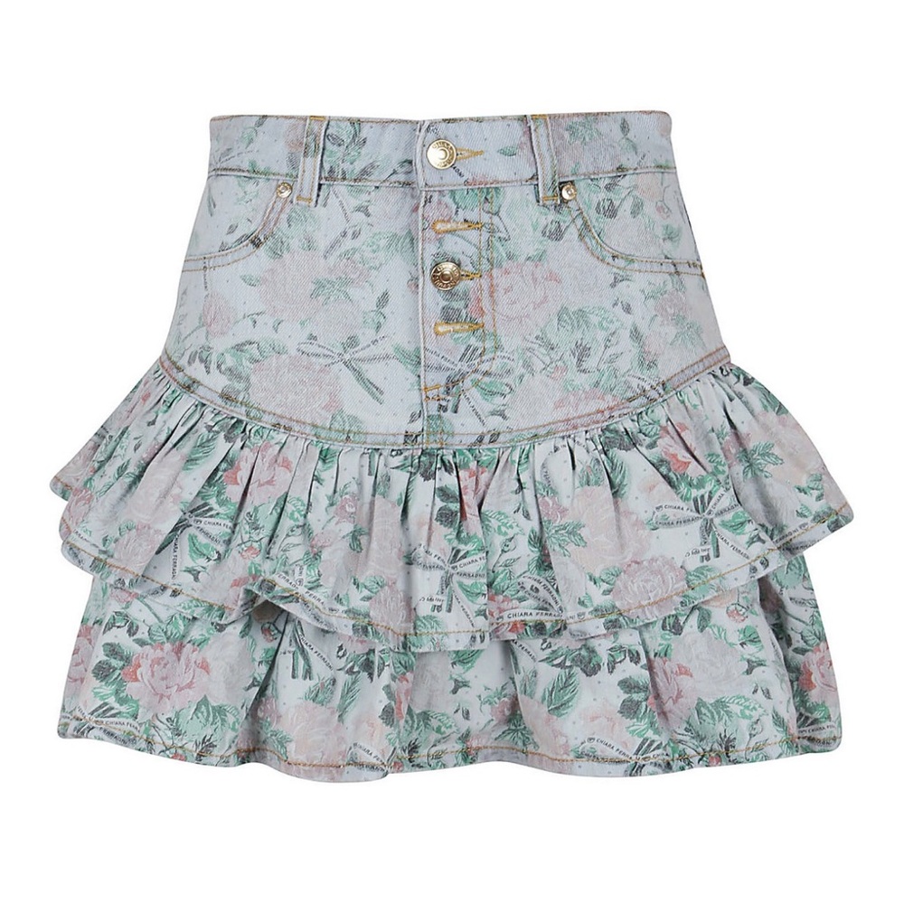 Chiara Ferragni Floral Ruffled Denim Mini Skirt Cotton Made In Italy Size 28 NWT